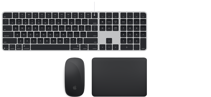 Accessori per Mac: AirPods, Studio Display, Magic Keyboard nera con Touch ID, Magic Mouse nero e Magic Trackpad nero