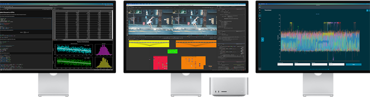 Mac Studio and three Studio Displays, all featuring different macOS apps on screen