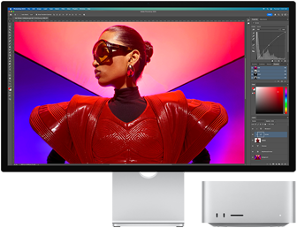 A vibrant photo being edited using a Mac Studio and Studio Display