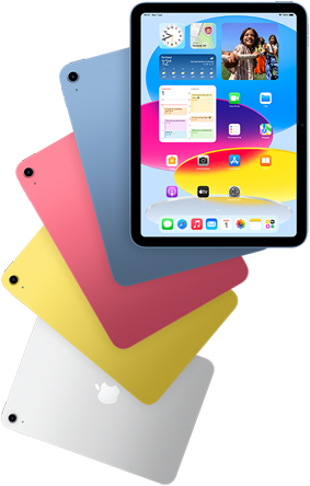 Un iPad che mostra la schermata Home, posizionato davanti a quattro iPad visti da dietro nei colori blu, rosa, giallo e argento