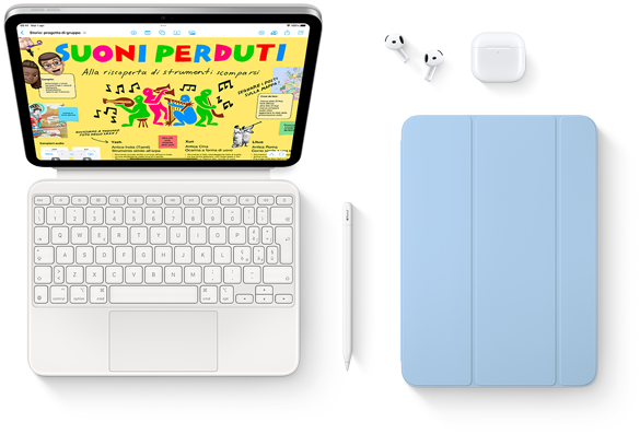 iPad, Magic Keyboard Folio, Apple Pencil, AirPods e Smart Folio.