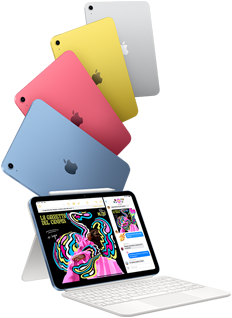 iPad nei colori blu, rosa, giallo e argento, e un iPad collegato alla Magic Keyboard Folio con una Apple Pencil agganciata