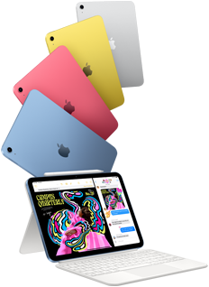 iPad in blue, pink, yellow, and silver colors and iPad attached to the Magic Keyboard Folio with Apple Pencil