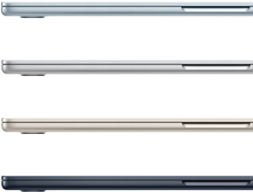 Four MacBook Air laptops showing colors available: Sky Blue, Silver, Starlight, and Midnight