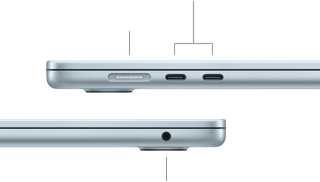 Side views of MacBook Air showing ports: MagSafe and two Thunderbolt 4 ports on left side, headphone jack on right side