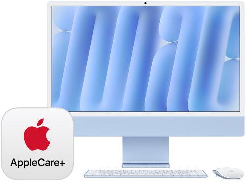 AppleCare+-merkki, iMac edestä ja sävyyn sopivat Magic Keyboard- ja Magic Mouse ‑lisävarusteet