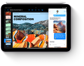 iPad mini on vaakasuuntaisessa näkymässä ja Apple Pencil sen päällä. Näytöllä näkyvät iPad minin moniajo-ominaisuudet ja uudet Apple Intelligence ‑ominaisuudet