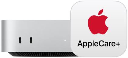 Hopeanvärinen Mac mini edestä kuvattuna ja AppleCare+