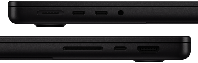 Showing the ports on MacBook Pro — left side: MagSafe, two Thunderbolt ports, and headphone jack — right side: SDXC, one Thunderbolt port, and HDMI