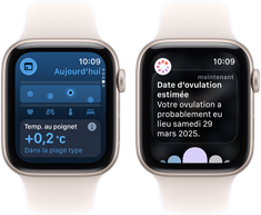 Deux Apple Watch SE 3 avec boîtiers en aluminium lumière stellaire affichent l’app Signes vitaux
