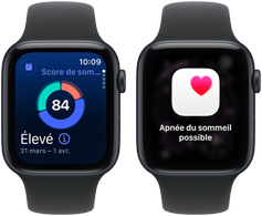Deux Apple Watch SE 3 avec boîtiers en aluminium minuit affichent un score de sommeil et une alerte de possible apnée du sommeil