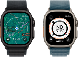 Deux Apple Watch Ultra 3, l’une montrant l’app Plans, l’autre affichant des fonctionnalités de Point de départ, y compris la boussole, l’altitude et des points de repère