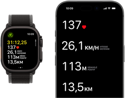 Les données d’un exercice en cours sur une Apple Watch Ultra 3 et un iPhone