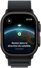 Apple Watch Ultra 3, finition noire, boîtier en titane, « Restez dans la direction du satellite » au-dessus de la Terre avec une position à l’écran, bracelet, Boucle Alpine
