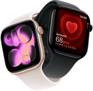 Apple Watch Series 11, aluminium or rose, cadran Responsive Art, côté droit : Digital Crown, microphone, bouton latéral, Bracelet Sport rose tendre, Apple Watch Series 11, aluminium noir de jais, app Fréquence cardiaque, battements par minute en cours, côté droit : Digital Crown, Bracelet Sport noir