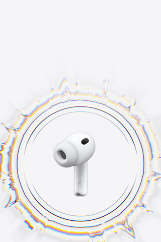 Écouteur sans fil AirPod Pro 3 avec embout en silicone entouré d’une onde sonore circulaire