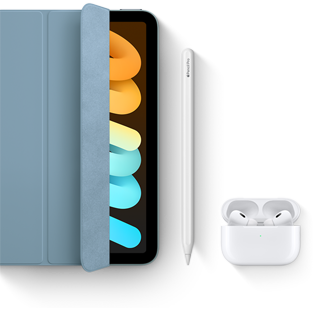 iPad mini visas tillsammans med Smart Folio, Apple Pencil Pro och AirPods Pro