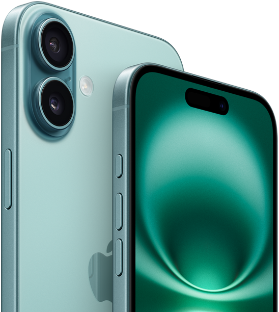 iPhone 16 Plus and iPhone 16, Action button, volume buttons, Side button, and Camera Control, front exterior all-screen design, Dynamic Island centered near top, back exterior, Teal finish, raised Advanced dual-camera system in top left corner, Apple logo in center